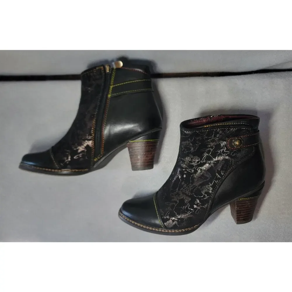 L'Artiste by Spring Step Black Metallic Floral Leather Ankle Boots Sz 37 EU 6.5